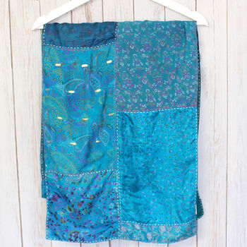 Teal Blue Kantha Stitch Handmade Silk Scarf, 5 of 5