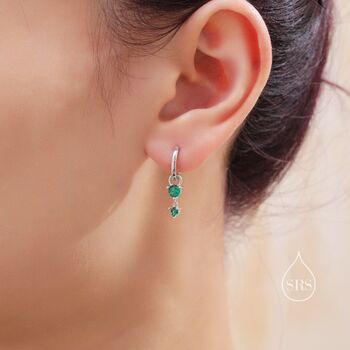 Double Emerald Green Cz Huggie Hoop Earrings, 7 of 11