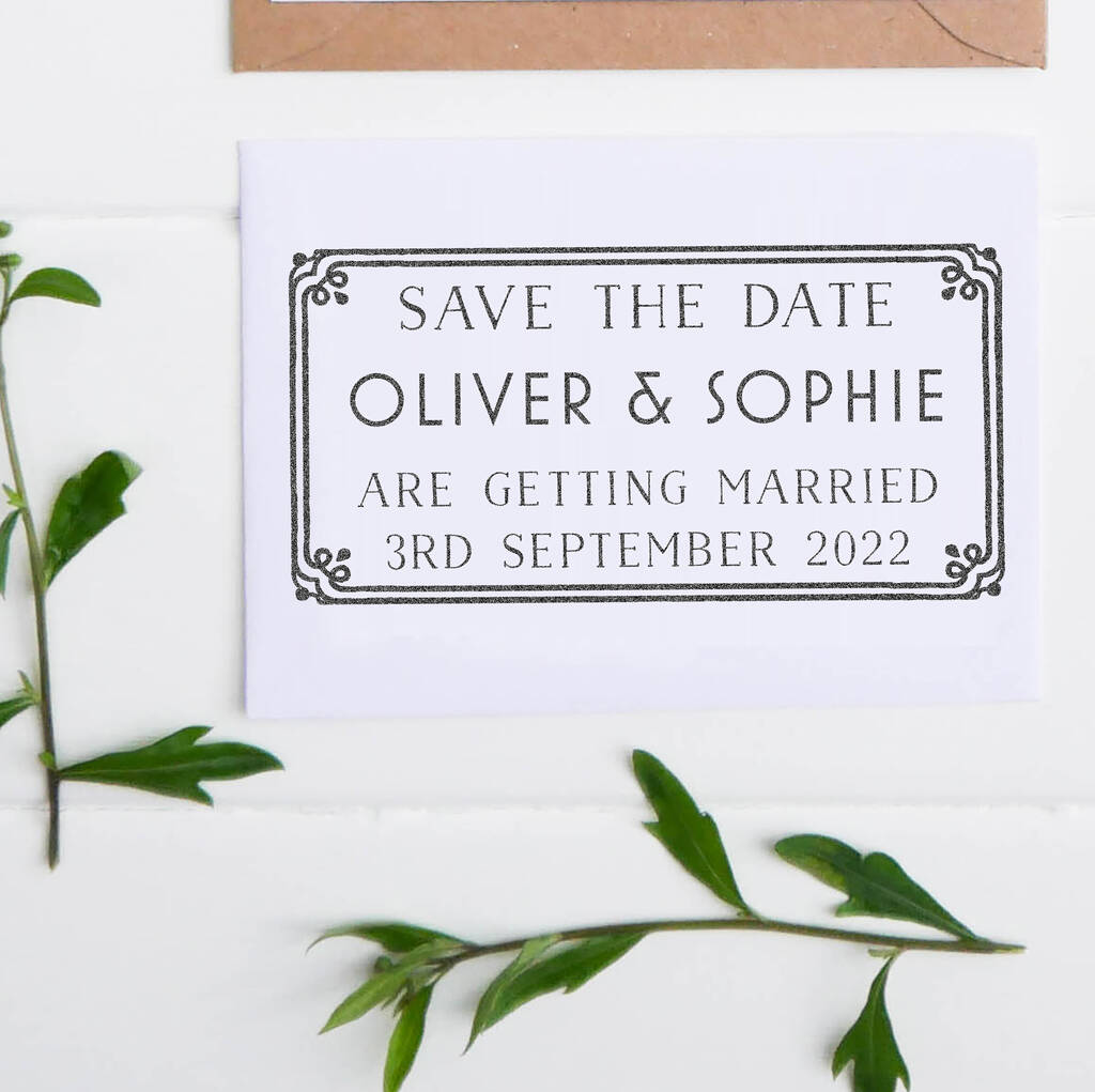 Art Deco Save The Date Tag Wedding Stamp, 1 of 4