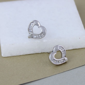 Sterling Silver Pave Heart Stud Earrings, 3 of 5