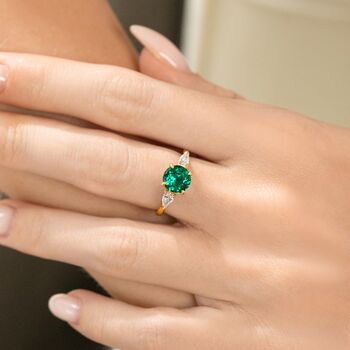 Emerald Round Cut Three Stone Engagement Ring In Sterling Silver And Gold, 8 of 12
