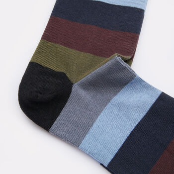 Mens Black, Blue And Khaki Block Stripe Cotton Socks, 4 of 7