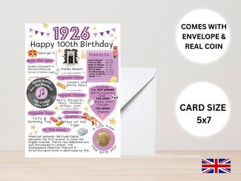 100th Birthday Card With 1926 Coin Choose Card Colour, 3 of 3