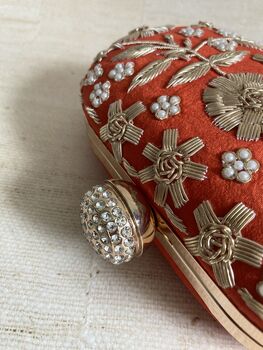 Orange Raw Silk Oval Pearl Clutch Bag, 9 of 10