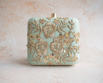 Priya Mint Silk And Gold Floral Clutch, 2 of 2
