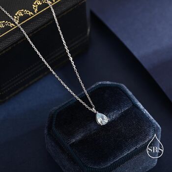 Sterling Silver Aquamarine Blue Pear Cut Cz Pendant Necklace, 3 of 11