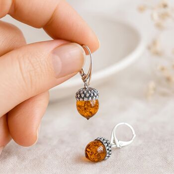 Large Sterling Silver Baltic Amber Acorn Drop Earrings, 2 of 4