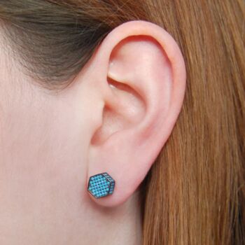 Sterling Silver Hexagon Pave Turquoise Stud Earrings, 2 of 6