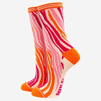 Women's Zebra Print Bamboo Socks Orange Pink, 2 of 4