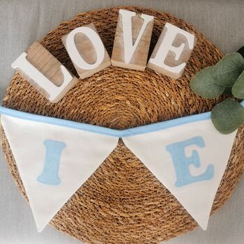 Baby Blue Bunting, New Baby Nursery Gift, Cream And Blue Personalised Bedroom Wall Banner, 8 of 10