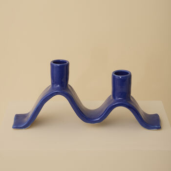 Handmade Blue Wavy Ceramic Candelabra For Two Candles, 2 of 6