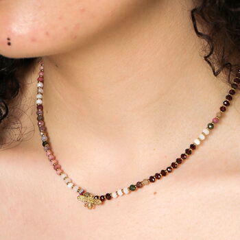 Semi Precious Burgundy Beaded Bee Pendant Necklace In Gold Plating, 3 of 5