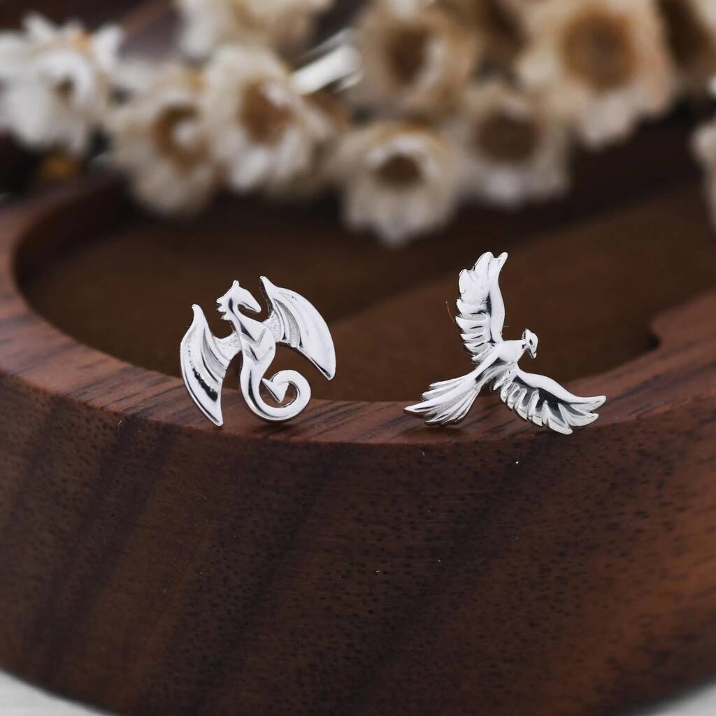 Mismatched Dragon And Phoenix Stud Earrings In Sterling Silver, 1 of 10