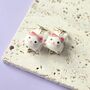 Pink Ceramic Cat Huggie Hoops Earrings, thumbnail 3 of 6