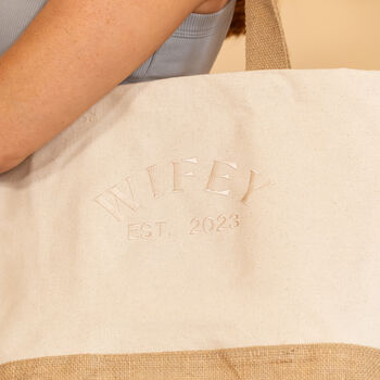 Embroidered Wifey Est Year Jute Tote Bag, 3 of 10