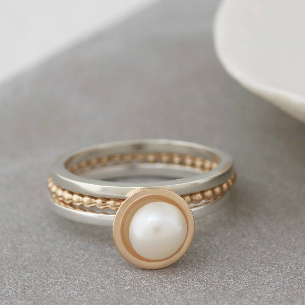  Silver  And 9ct Gold  Pearl  Stacking Ring  Set By Louy 