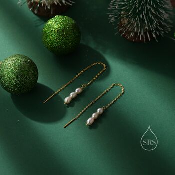 Genuine Freshwater Oval Pearl Trio Threader Earrings, 5 of 9