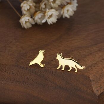 Mismatched Fox And Crow Stud Earrings In Sterling Silver, 7 of 12