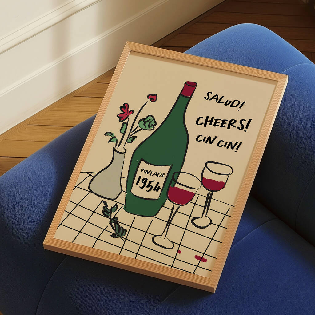 Personalised 70th Birthday Birth Year Illustrated Wine Print, 1 of 9