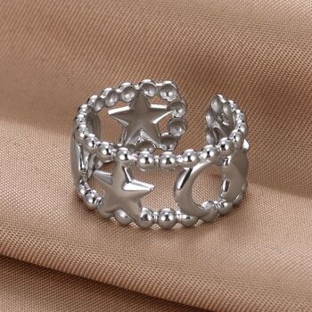 Celestial Star Moon Beaded Adjustable Ring Open Band, 3 of 3