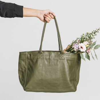 Olive Soft Leather Lined Tote Handbag, 3 of 10