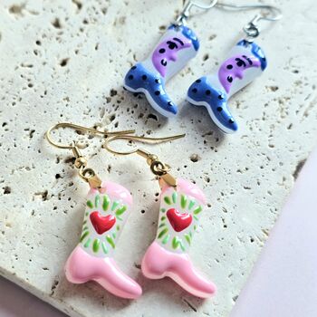 Handmade Glass Pink Or Purple Cowboy Boot Earrings, 2 of 5