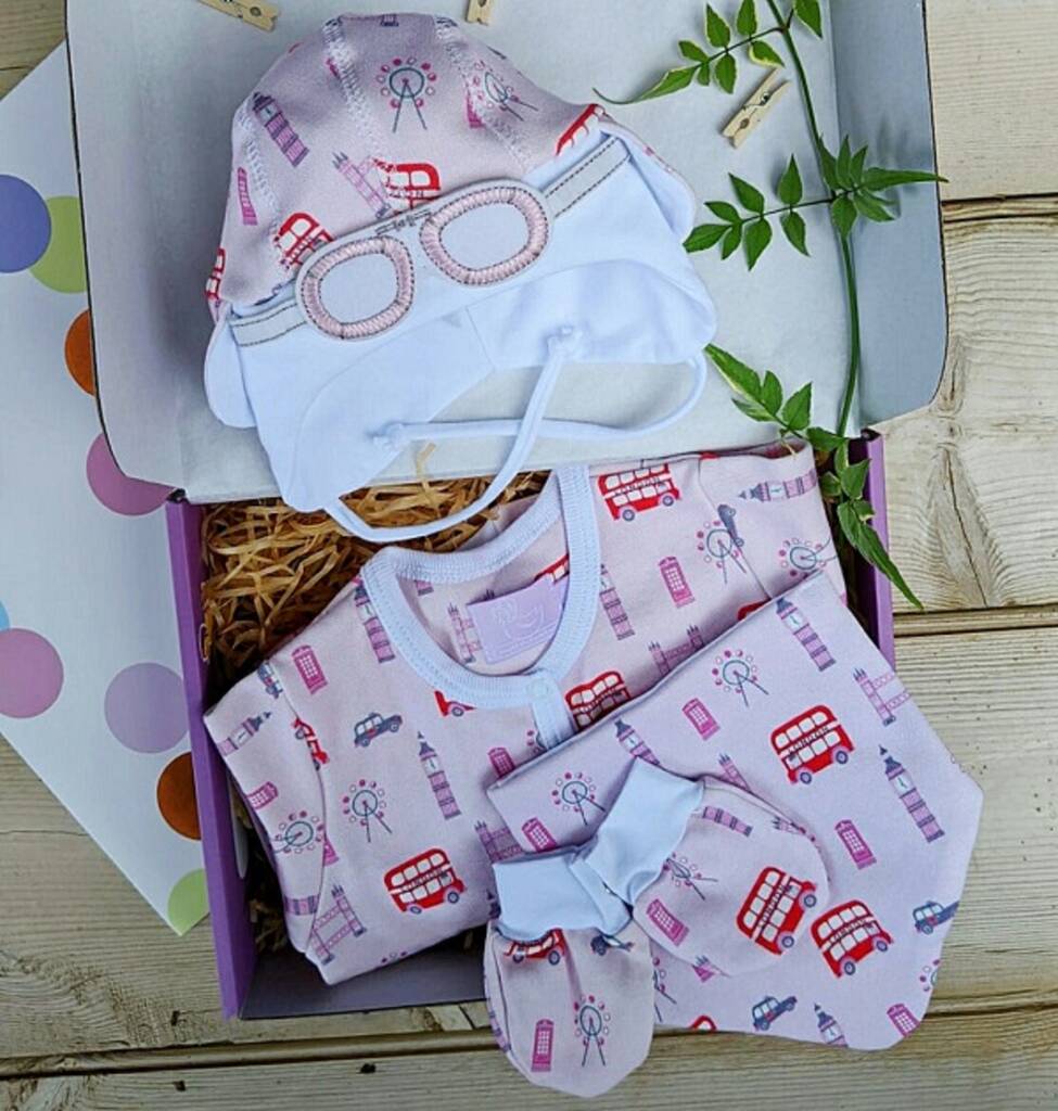 Image of London Pink Baby Grow, Hat, Bib And Mittens Set