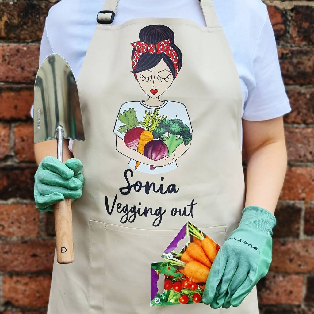 Personalised Vegging Out Lady Gardening Apron, 1 of 3