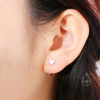Sterling Silver Tiny Skinny Heart Huggie Hoop Earrings, 11 of 12