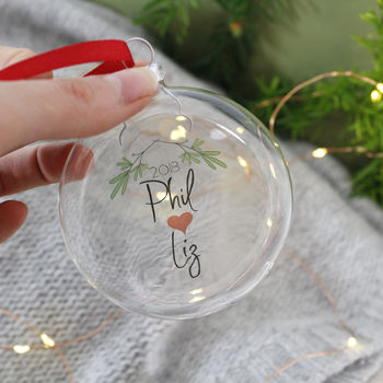 Couples Personalised Mistletoe Glass Christmas Bauble, 5 of 8