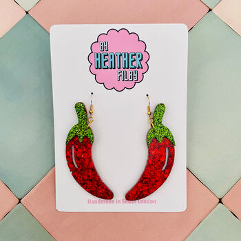 Red Chilli Pepper Glitter Earrings / Spicy Best Friend Gift / Sassy Statement Jewellery / Gift For Chefs And Vegetable Lovers, 2 of 6