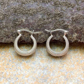 Small Huggie Hoop Textured Sterling Silver Earrings, 3 of 10