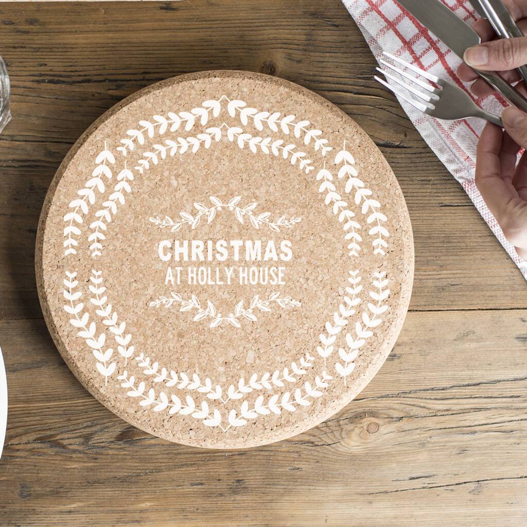 Personalised Christmas Wreath Cork Trivet By Delightful Living