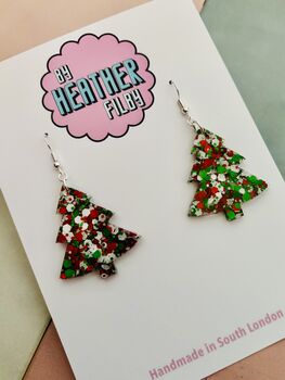 White, Red And Green Glitter Christmas Tree Resin Earrings / Traditional Christmas Gift / Secret Santa Gift, 3 of 9