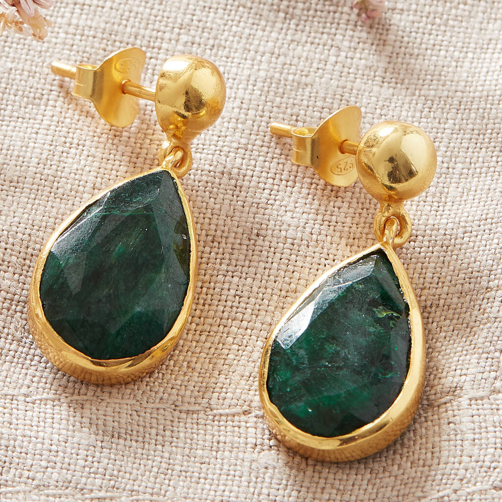 Emerald Teardrop Drop Earring With Gold Plated Stud, 1 of 12