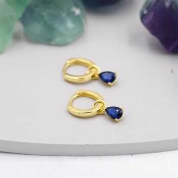 Sterling Silver Sapphire Blue Cz Droplet Hoop Earrings, 6 of 12