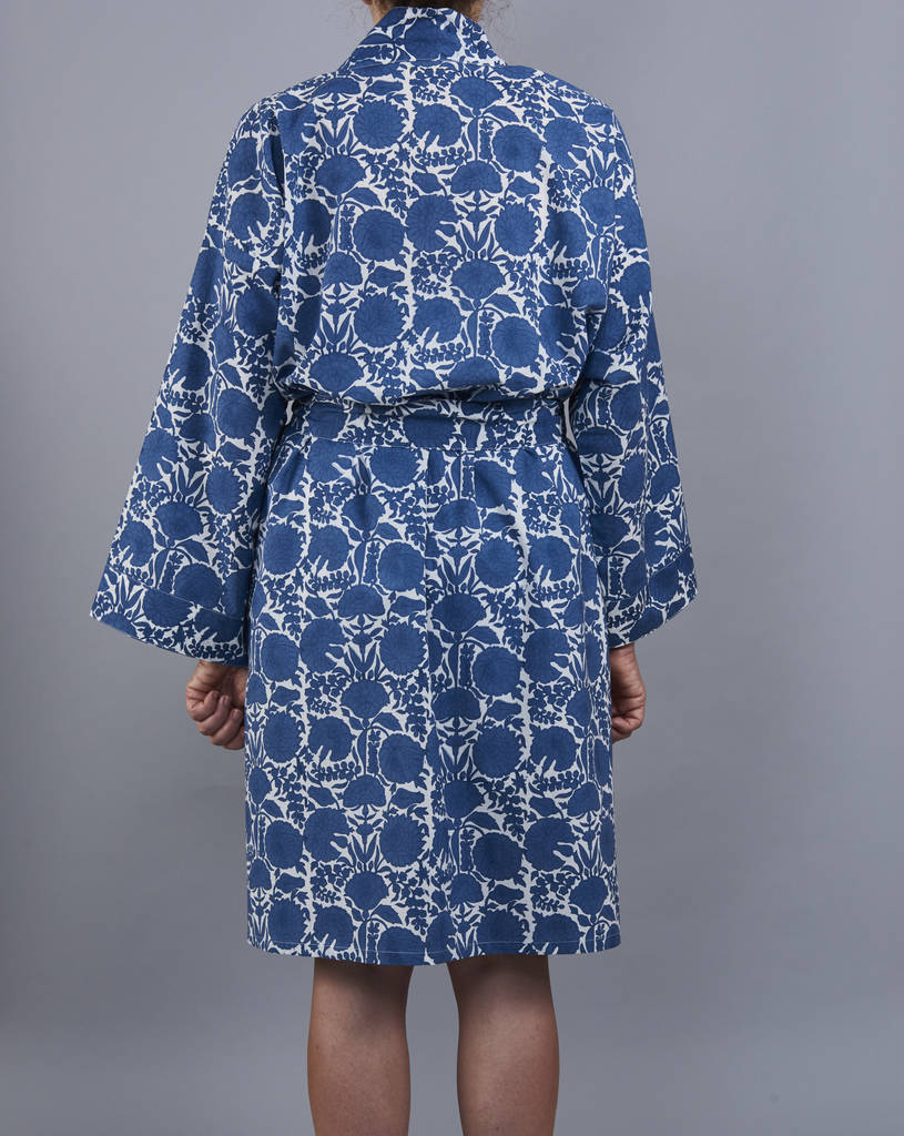 Amritsar Floral Pattern Block Print Wrap Blue Bathrobe By Reason Home