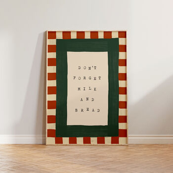 Don't Forget Milk And Bread Checkered Kitchen Wall Print, 5 of 9