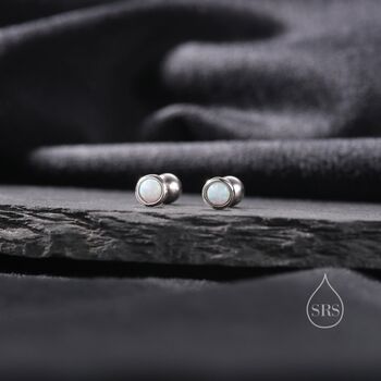 Tiny White Opal Screw Back Earrings In Sterling Silver, 6 of 10