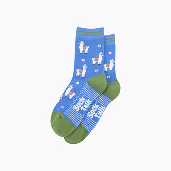 Llama Floral Bamboo Socks In Blue, 3 of 4