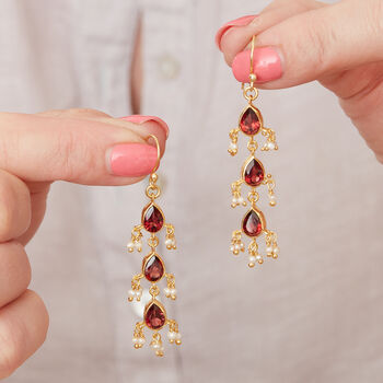 Garnet Seed Pearl Gold Plated Silver Long Drop Earrings, 6 of 12