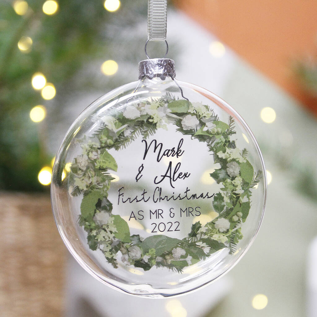 First Married Christmas Wreath Glass Bauble, 1 of 9