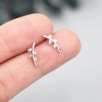Sterling Silver Olive Branch Leaf Stud Earrings, 4 of 11