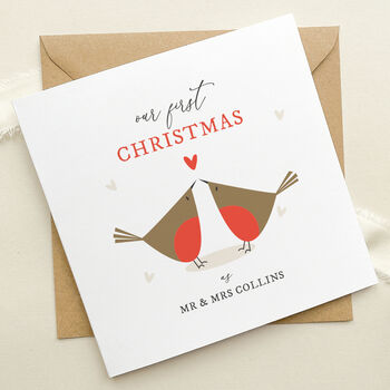 Personalised Our First Christmas As A Married Couple Card: Robins With Red Heart Design, 4 of 5