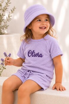 Outfit Personalised 3pcs Towelling Sets Embroidered Kids Personalised Hat, T Shirt And Shorts Holiday, Beach , Swimming, 6 of 9