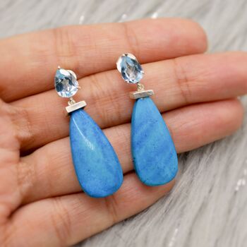 Howlite, Blue Topaz Earrings, Silver Drop Earrings, 5 of 7