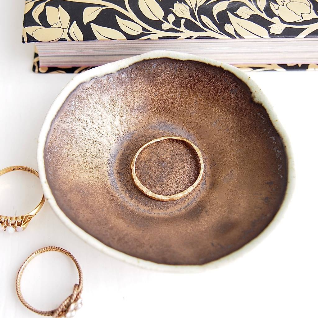 handmade mini gold ceramic pottery ring dish by