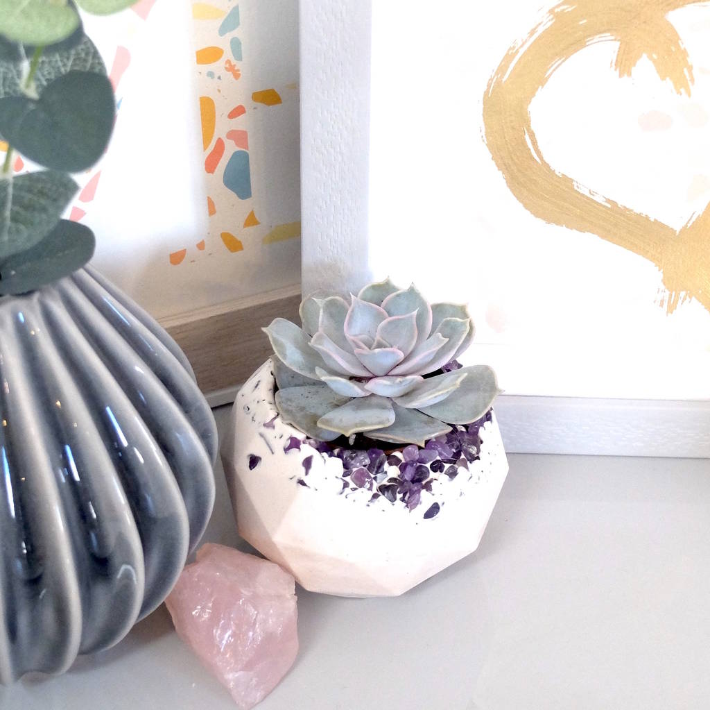 amethyst crystal and eco resin geometric plant pot by badger and birch