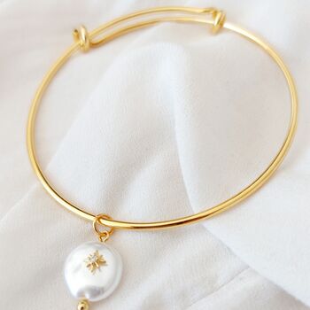 Adjustable Gold Plated Pearl Charm Bangle, 2 of 5