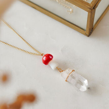 Red Mushroom And Raw Quartz Pendant Necklace, 2 of 6
